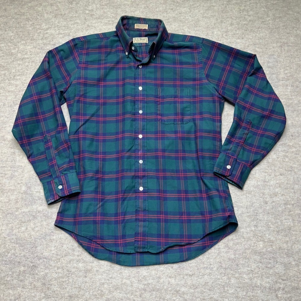 Vntg L.L. Bean Flannel Shirt Mens Plaid Button Up Long‎ Sleeve Green Red